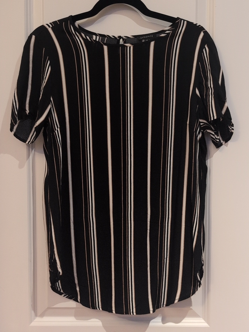 Dynamite Black, Beige & White Vertical Stripe Short Sleeve Blouse - Size M